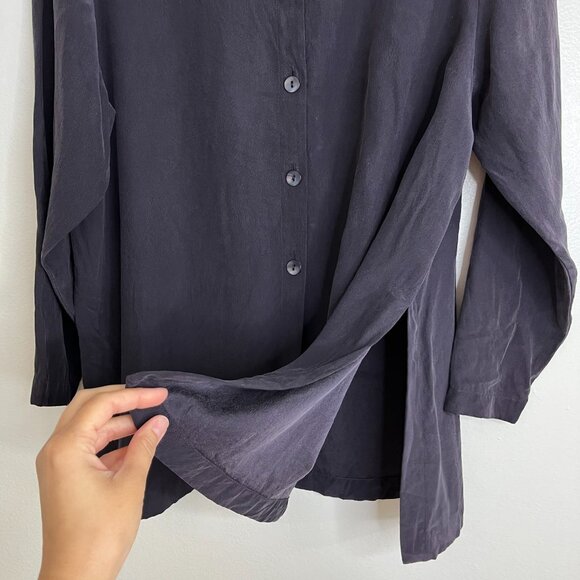 Eileen Fisher 100% Silk Plum Button Down LS Blouse Side Slits Band Collar S/M - Picture 4 of 8